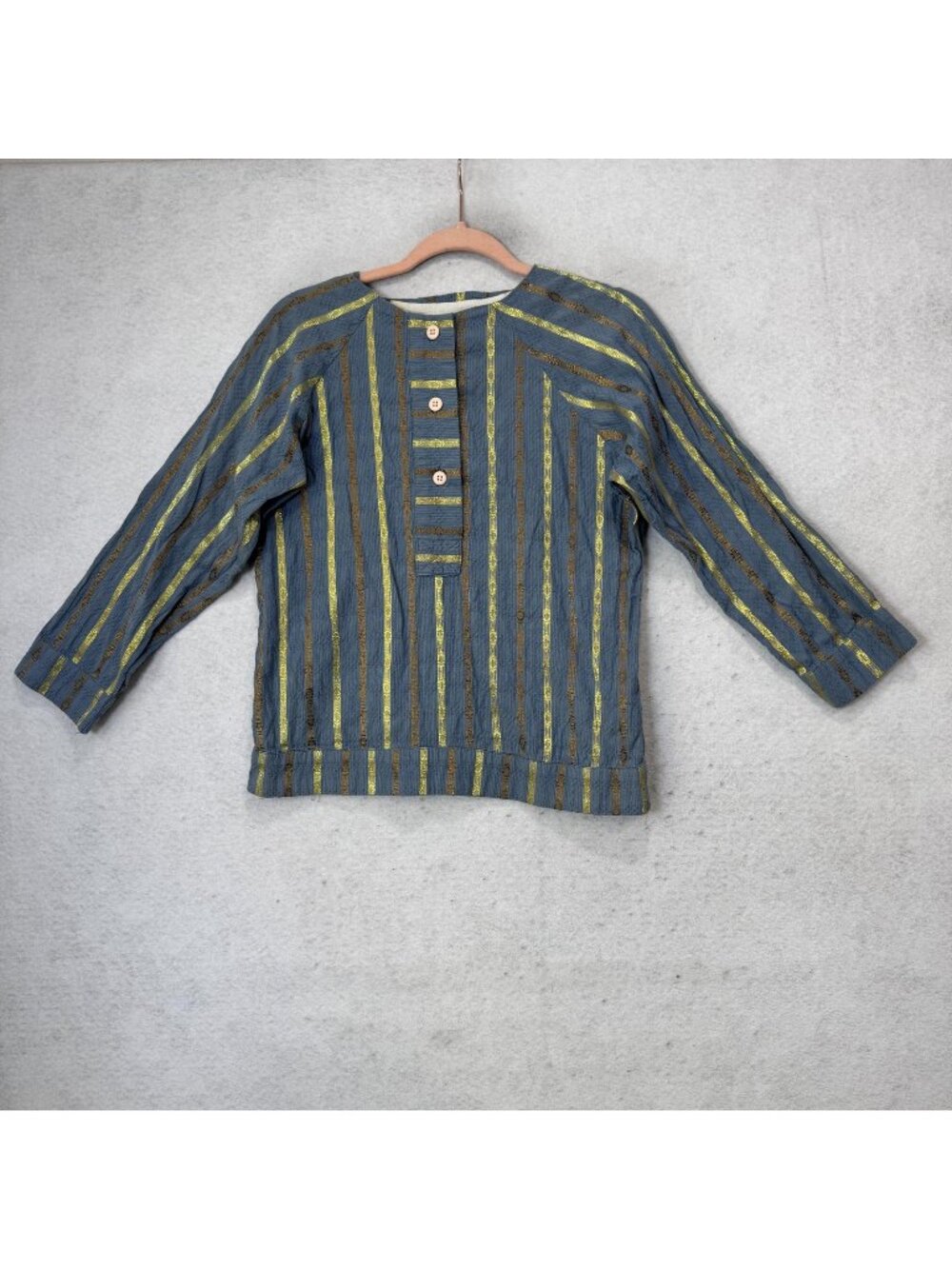 Ace&jig Blouse Womens XS Blue Stripe Metallic Henley Raglan 3/4 Sleeve Top